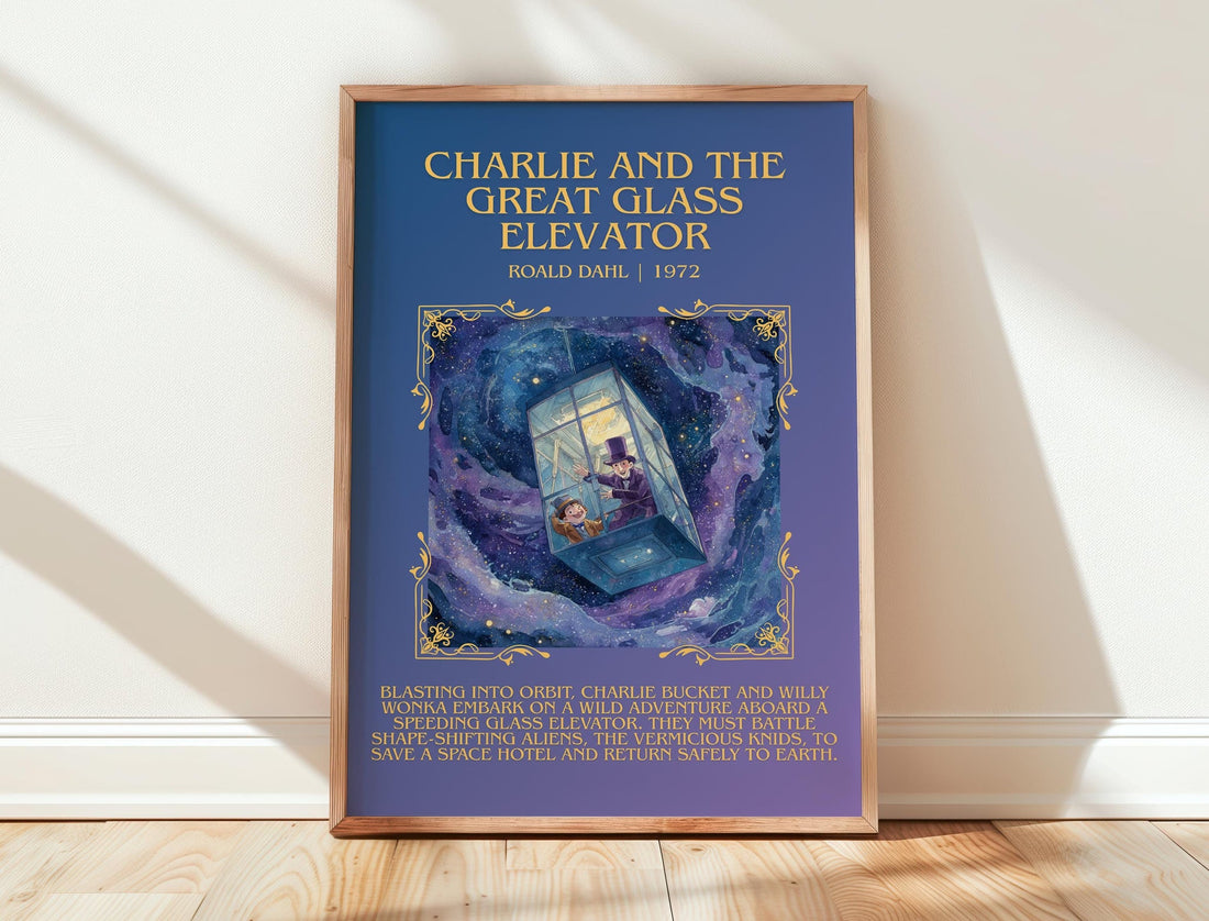 Charlie and the Great Glass Elevator minimalist print in frame leaning in hallway – childrens wall art (mockup)