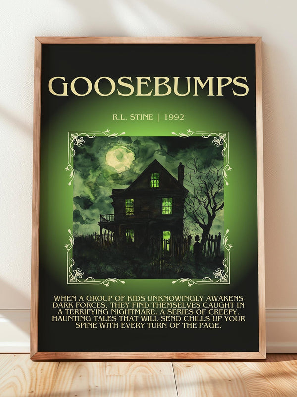 Goosebumps minimalist print in frame leaning in hallway – childrens wall art