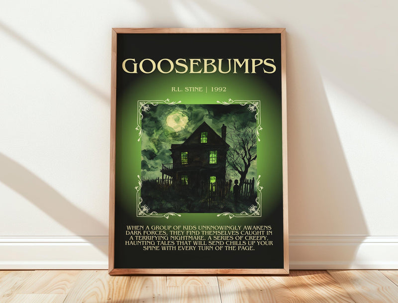 Goosebumps minimalist print in frame leaning in hallway – childrens wall art