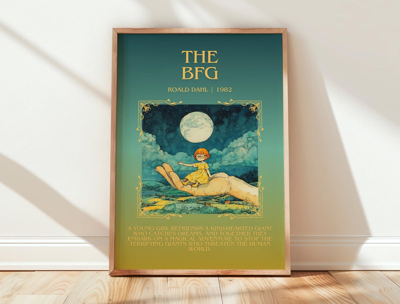 The BFG minimalist print in frame leaning in hallway – childrens wall art