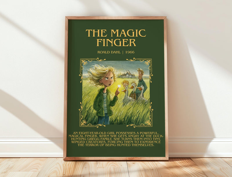 The Magic Finger minimalist print in frame leaning in hallway – childrens wall art