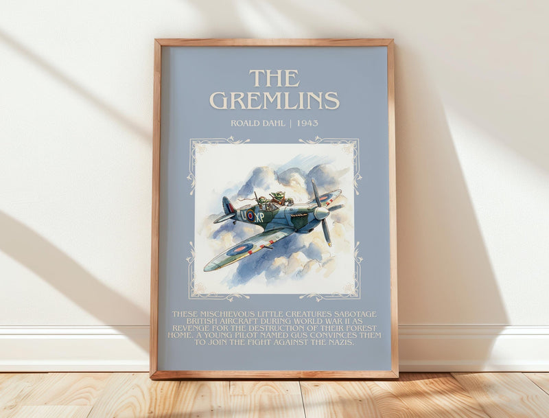 The Gremlins minimalist print in frame leaning in hallway – childrens wall art