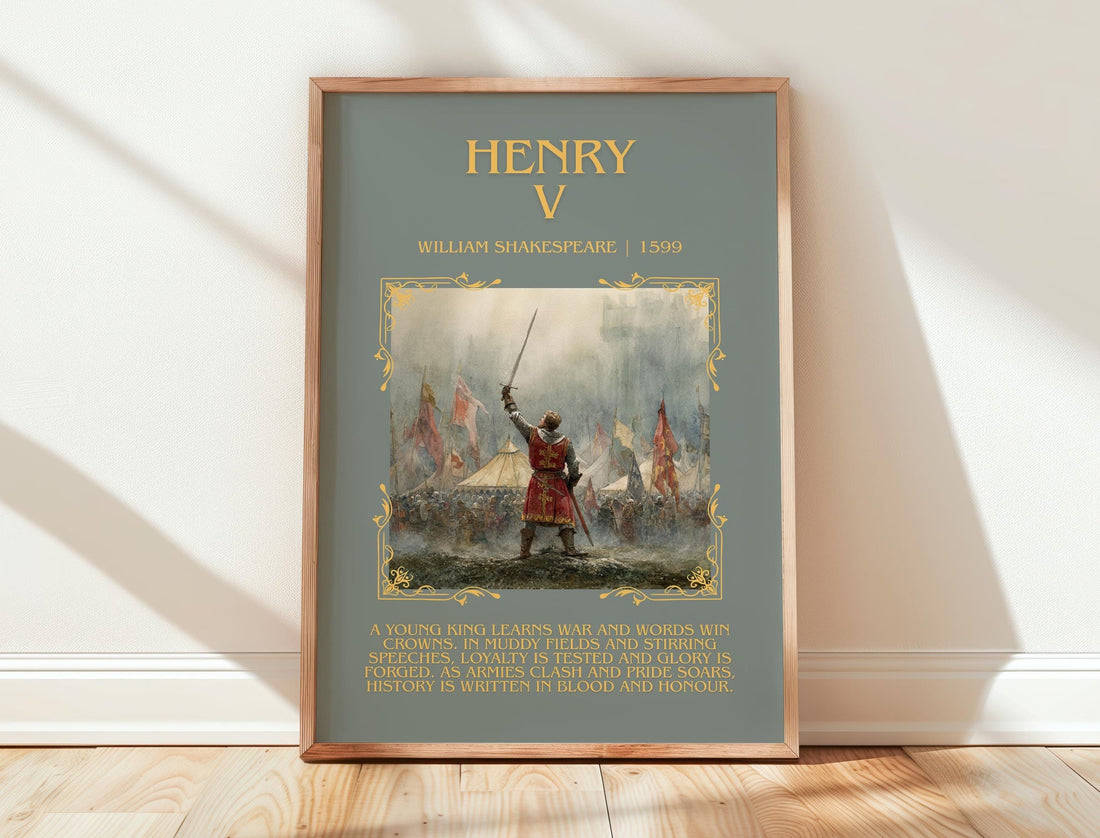 Henry V minimalist print in frame leaning in hallway – classic literature wall art (mockup)