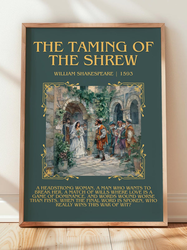 The Taming of the Shrew minimalist print in frame leaning in hallway – classic literature wall art