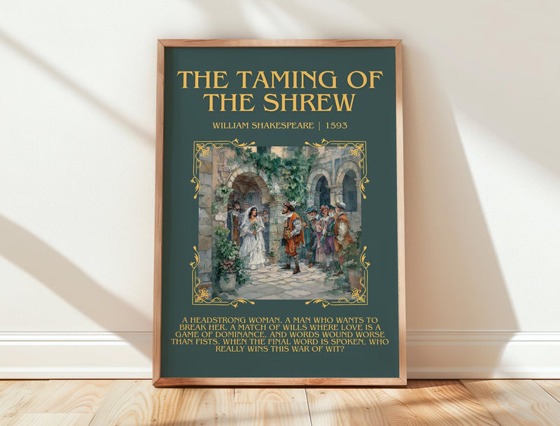 The Taming of the Shrew minimalist print in frame leaning in hallway – classic literature wall art