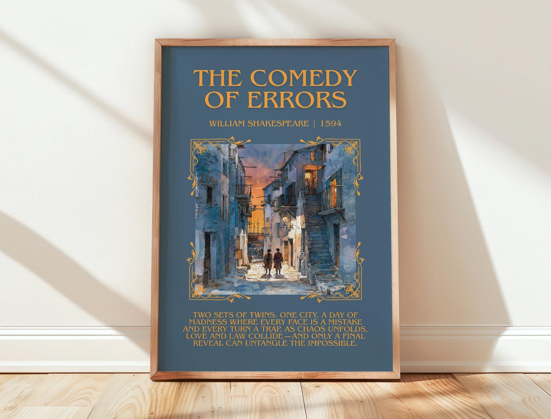 The Comedy of Errors minimalist print in frame leaning in hallway – classic literature wall art (mockup)