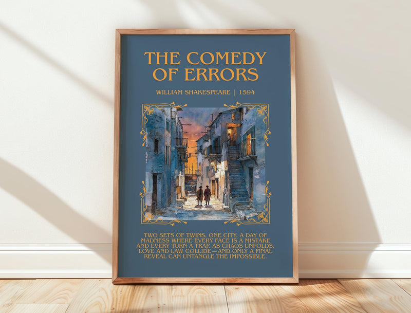 The Comedy of Errors minimalist print in frame leaning in hallway – classic literature wall art