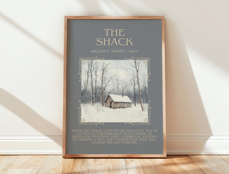 The Shack minimalist print in frame leaning in hallway – non fiction wall art
