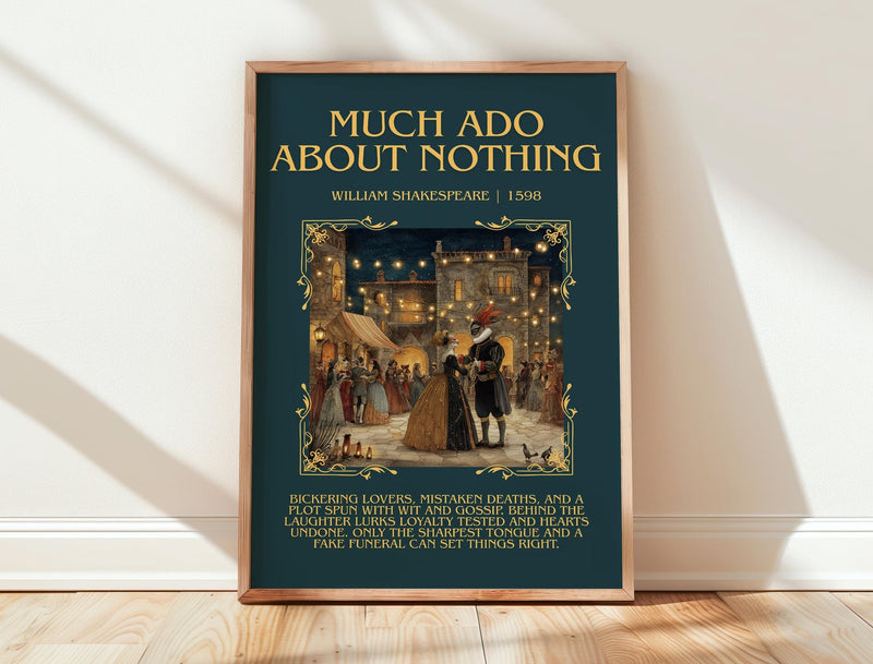 Much Ado about Nothing minimalist print in frame leaning in hallway – classic literature wall art