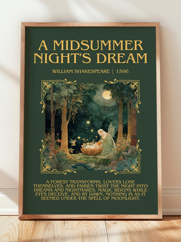 A Midsummer Night's Dream minimalist print in frame leaning in hallway – classic literature wall art