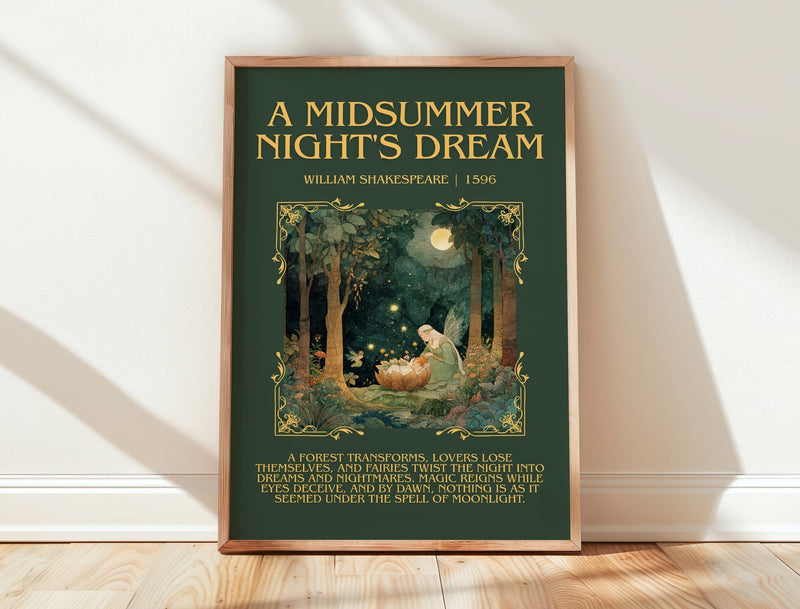 A Midsummer Night's Dream minimalist print in frame leaning in hallway – classic literature wall art