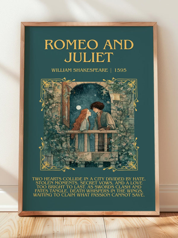 Romeo and Juliet minimalist print in frame leaning in hallway – classic literature wall art