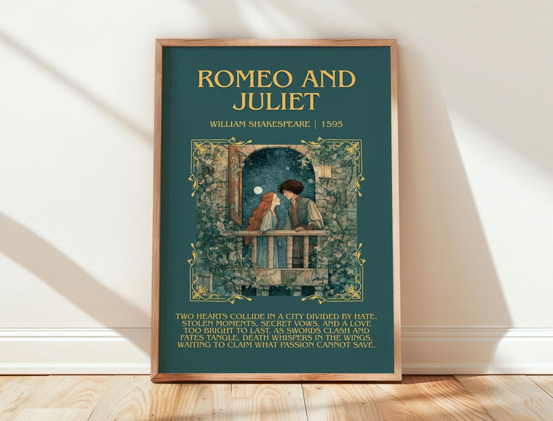 Romeo and Juliet minimalist print in frame leaning in hallway – classic literature wall art