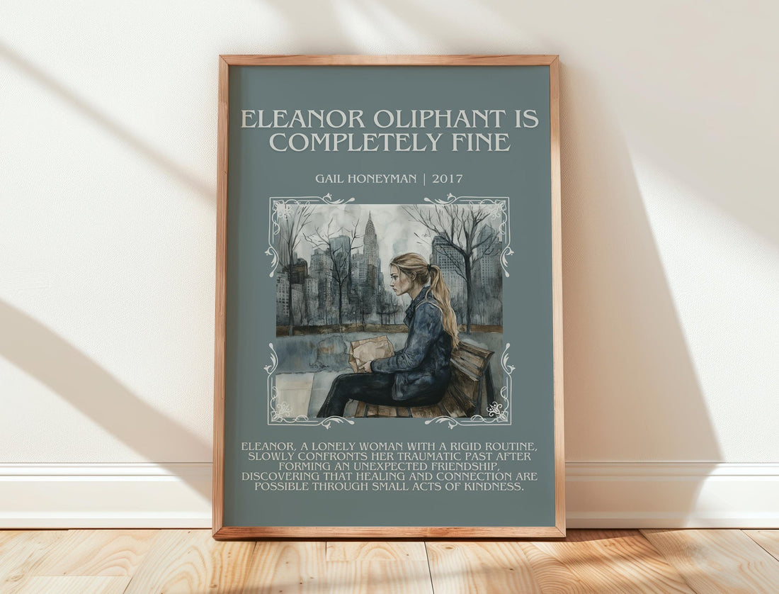 Eleanor Oliphant Is Completely Fine minimalist print in frame leaning in hallway – coming of age wall art (mockup)