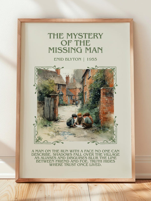 The Mystery Of The Missing Man minimalist print in frame leaning in hallway – mystery wall art