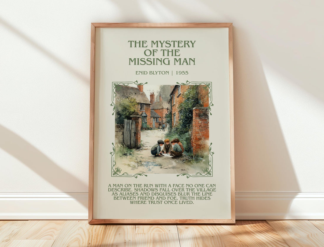 The Mystery Of The Missing Man minimalist print in frame leaning in hallway – mystery wall art (mockup)