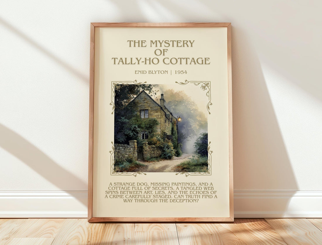The Mystery of Tally-ho Cottage minimalist print in frame leaning in hallway – mystery wall art (mockup)