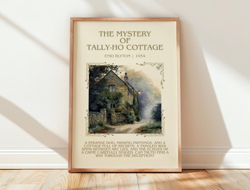 The Mystery of Tally-ho Cottage minimalist print in frame leaning in hallway – mystery wall art