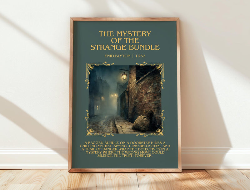 The Mystery of the Strange Bundle minimalist print in frame leaning in hallway – childrens wall art