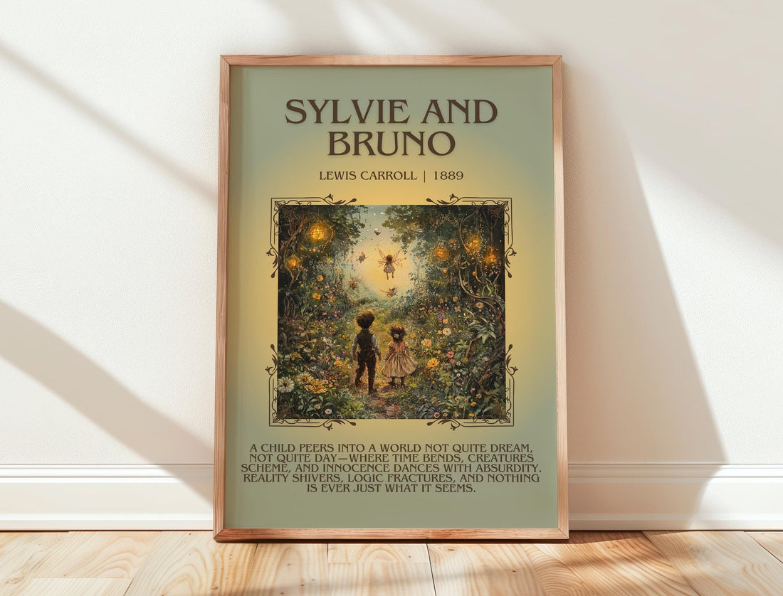 Sylvie and Bruno minimalist print in frame leaning in hallway – fantasy wall art (mockup)