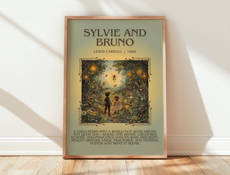 Sylvie and Bruno minimalist print in frame leaning in hallway – fantasy wall art