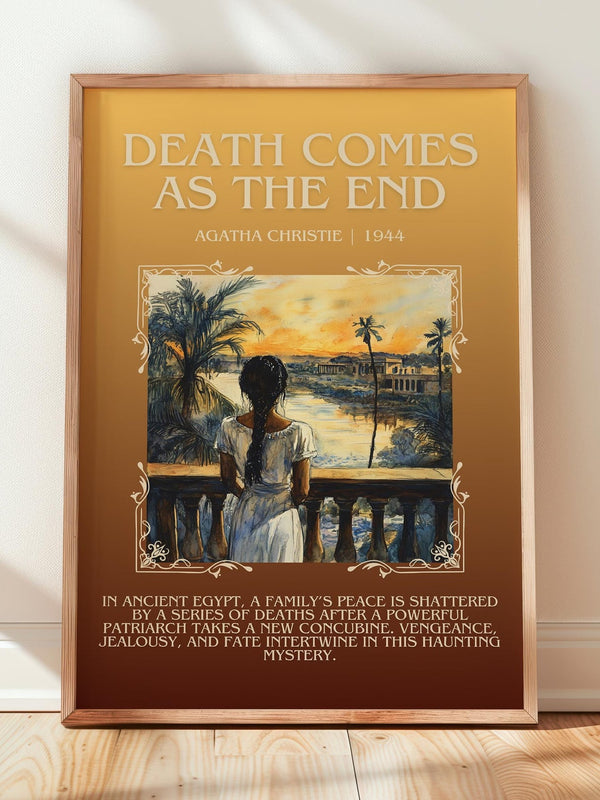 Death Comes as the End minimalist print in frame leaning in hallway – mystery wall art