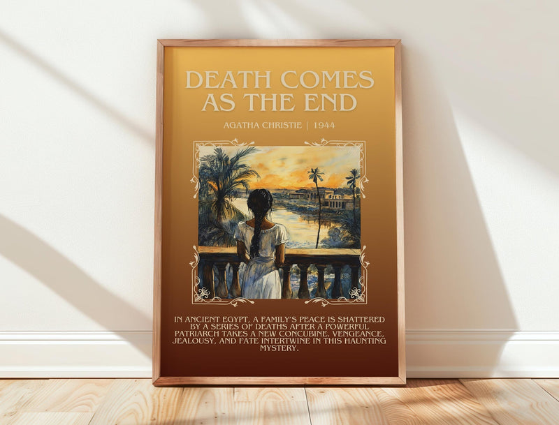Death Comes as the End minimalist print in frame leaning in hallway – mystery wall art