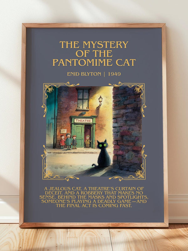 The Mystery of the Pantomime Cat minimalist print in frame leaning in hallway – mystery wall art
