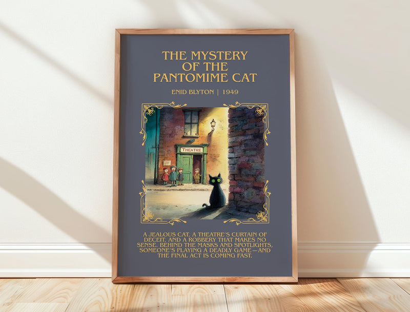 The Mystery of the Pantomime Cat minimalist print in frame leaning in hallway – mystery wall art