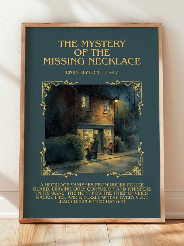 The Mystery Of The Missing Necklace minimalist print in frame leaning in hallway – childrens wall art