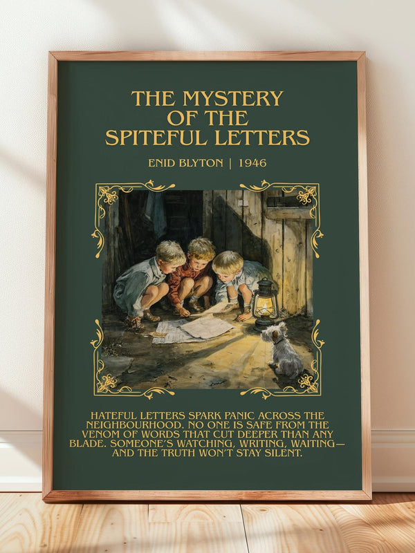 The Mystery Of The Spiteful Letters minimalist print in frame leaning in hallway – mystery wall art