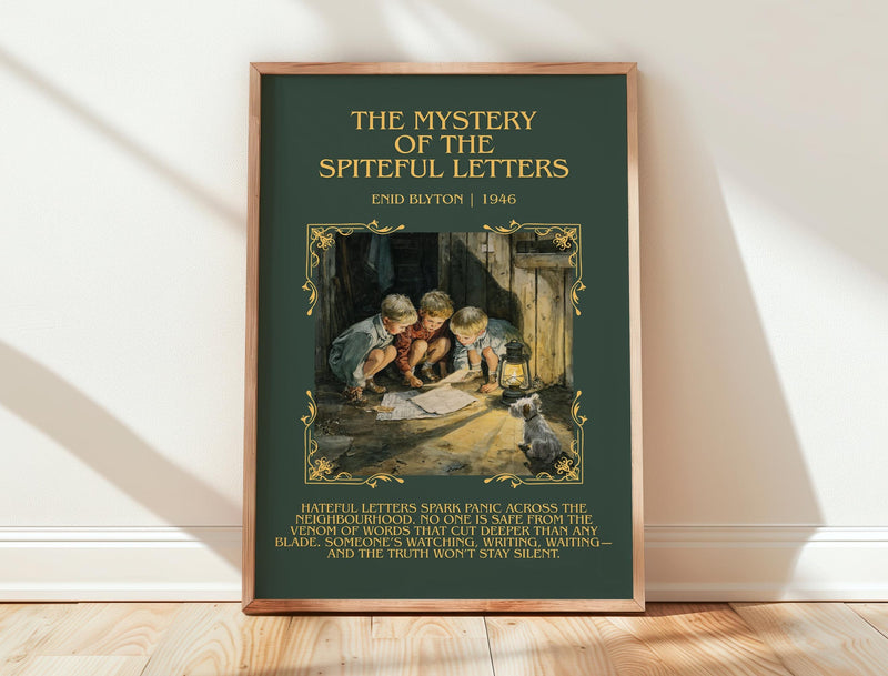 The Mystery Of The Spiteful Letters minimalist print in frame leaning in hallway – mystery wall art