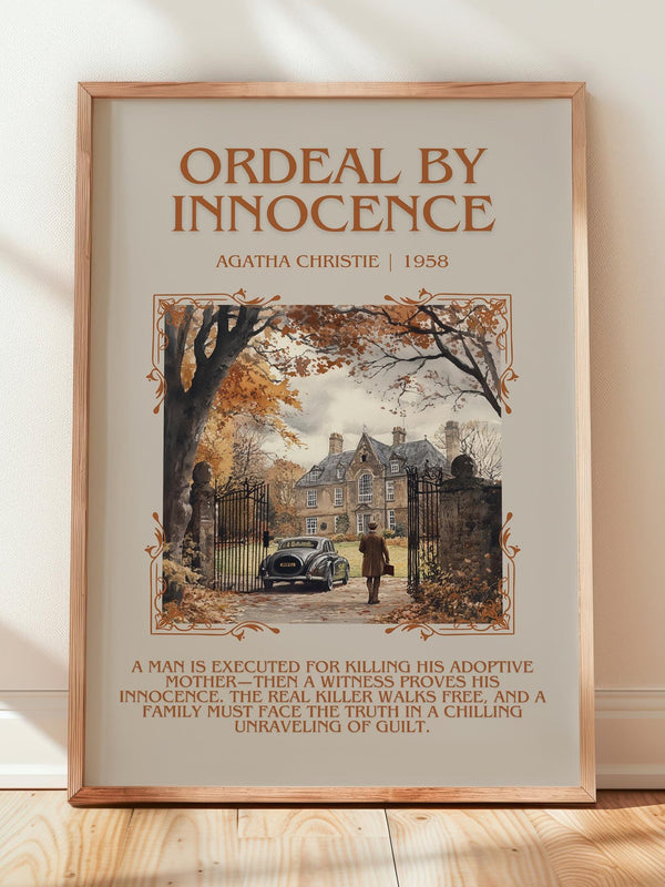 Ordeal by Innocence minimalist print in frame leaning in hallway – mystery wall art