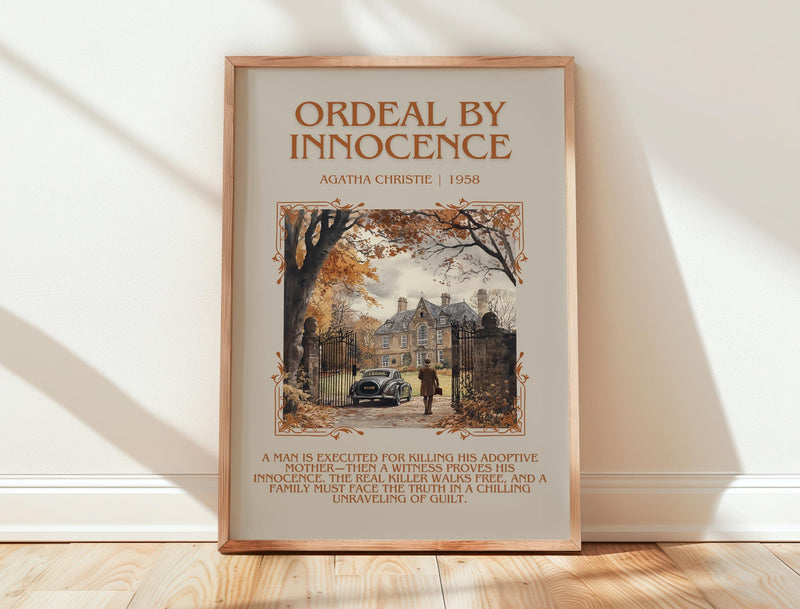 Ordeal by Innocence minimalist print in frame leaning in hallway – mystery wall art