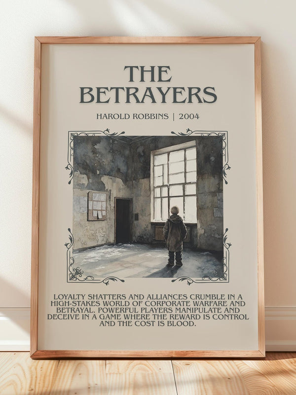 The Betrayers minimalist print in frame leaning in hallway – thriller wall art