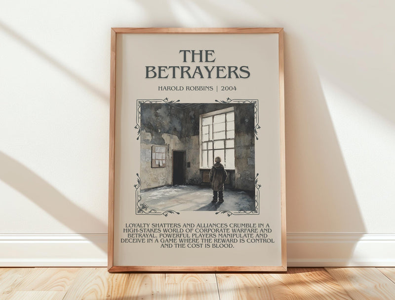 The Betrayers minimalist print in frame leaning in hallway – thriller wall art