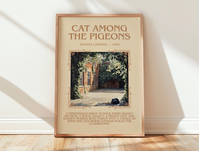Cat Among the Pigeons minimalist print in frame leaning in hallway – mystery wall art