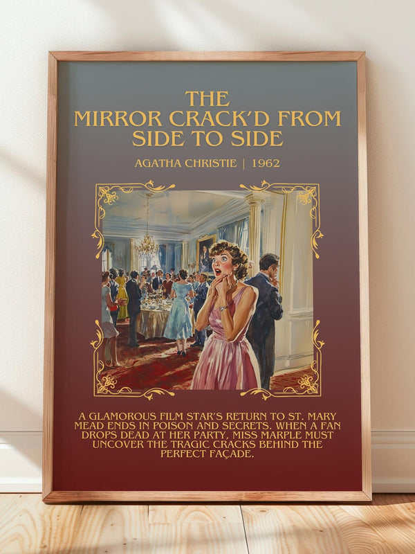 The Mirror Crack'd from Side to Side minimalist print in frame leaning in hallway – mystery wall art