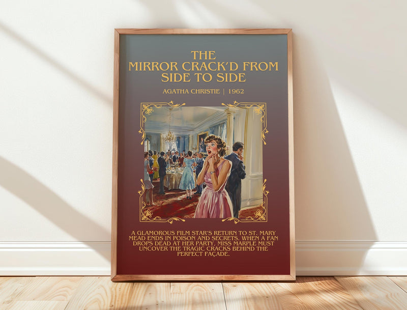 The Mirror Crack'd from Side to Side minimalist print in frame leaning in hallway – mystery wall art