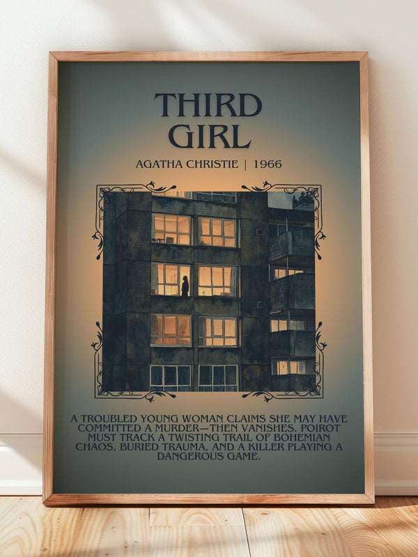 Third Girl minimalist print in frame leaning in hallway – mystery wall art