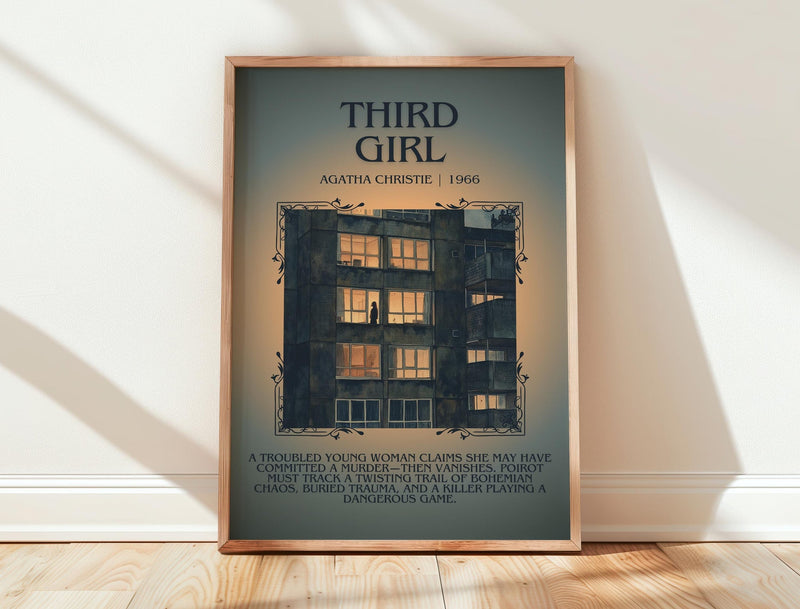 Third Girl minimalist print in frame leaning in hallway – mystery wall art