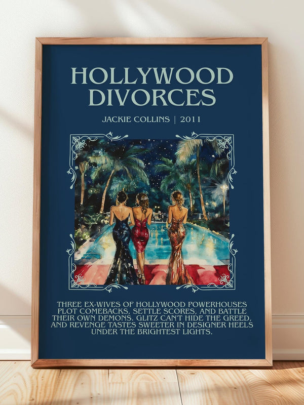 Hollywood Divorces minimalist print in frame leaning in hallway – romance wall art