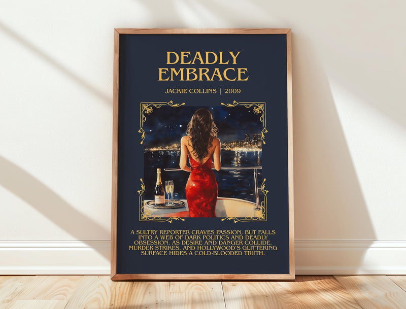 Deadly Embrace minimalist print in frame leaning in hallway – romance wall art