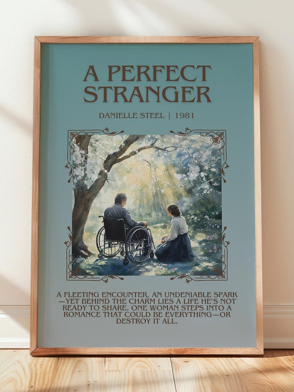 A Perfect Stranger minimalist print in frame leaning in hallway – romance wall art