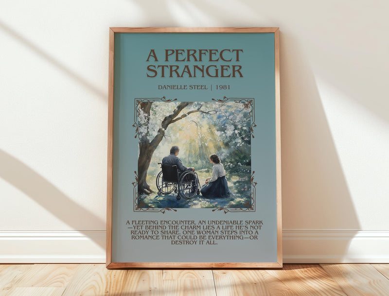 A Perfect Stranger minimalist print in frame leaning in hallway – romance wall art