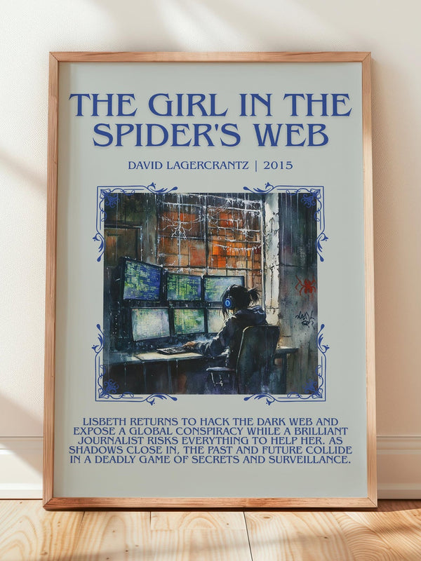 The Girl In The Spider's Web minimalist print in frame leaning in hallway – thriller wall art