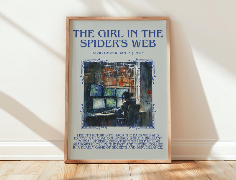The Girl In The Spider's Web minimalist print in frame leaning in hallway – thriller wall art
