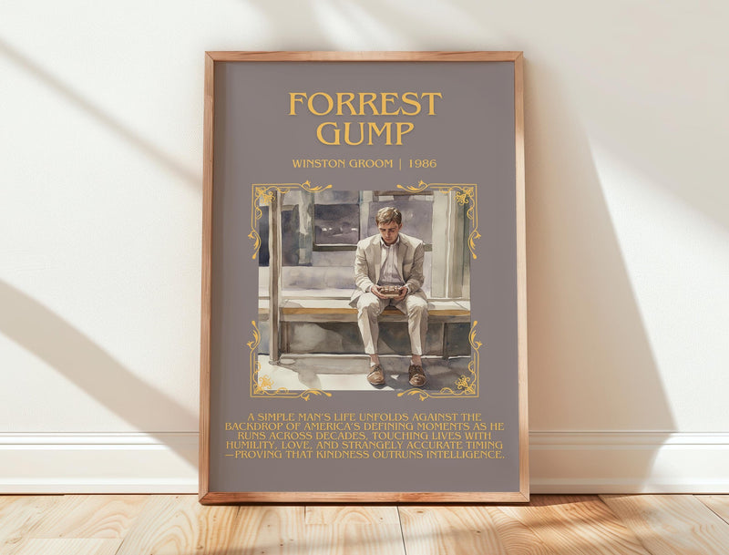 Forrest Gump minimalist print in frame leaning in hallway – literary fiction wall art