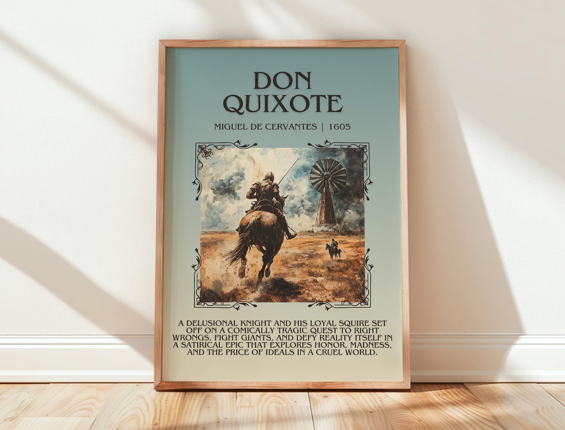 Don Quixote minimalist print in frame leaning in hallway – classic literature wall art (mockup)