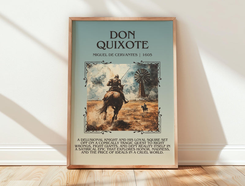 Don Quixote minimalist print in frame leaning in hallway – classic literature wall art